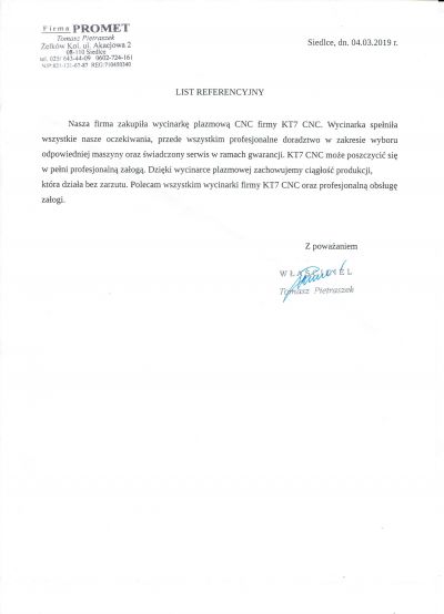 KT7 CNC - list referencyjny Promet
